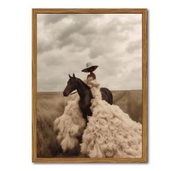 Western Cowgirl Riding Horse Wall Art Vintage Black Girl Rodeo Wall Decor Painting, African American Woman Southwest Poster Canvas Prints for Living R