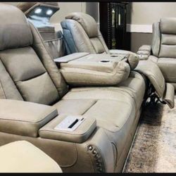 Genuine Leather Light Gray Power Reclining Sofa With Adjustable Headrest ✅ $39 Down Payment 📣 Brand New 💯