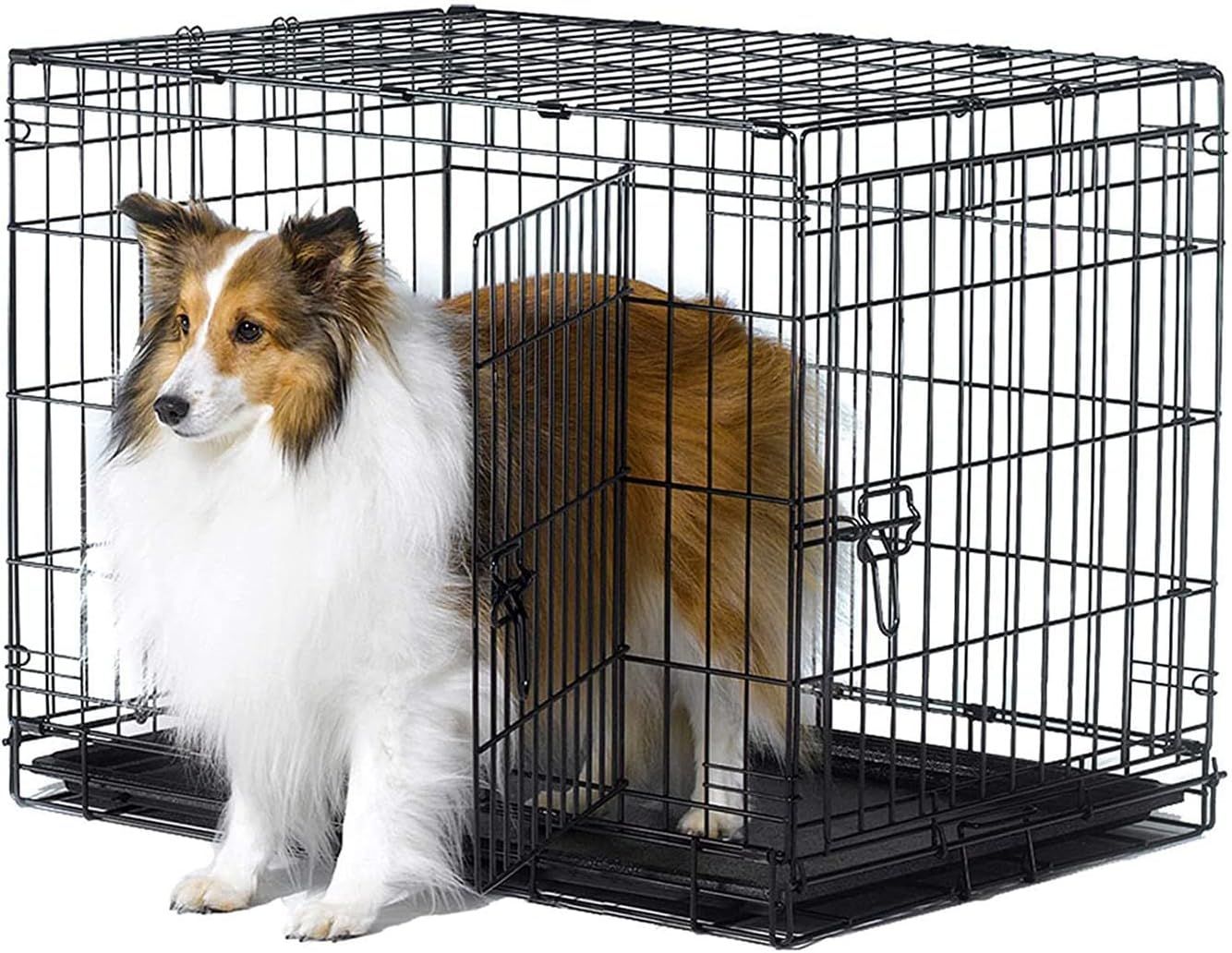 18.5 Inch Dog Crate Large Collapsible Dog Crate Wire Pet Dog Crate with Double Doors Leak Proof Plastic Tray Divider Outdoor Indoor Portable for Pets 