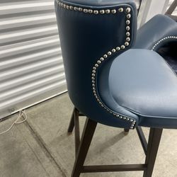 Blue Leather Bar Stools. Set Of 4