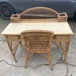Vintage Wicker Desk And Chair 