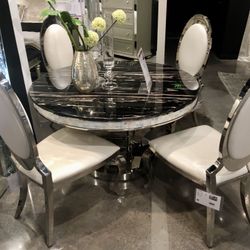 Esquire Moderno Marble Chrome & Ivory Pearl Leather 5pc Dinning Room Collection