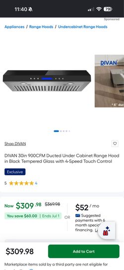 DIVAN 30in 900CFM Ducted Under Cabinet Range Hood in Black Tempered Glass with 4-Speed Touch Control