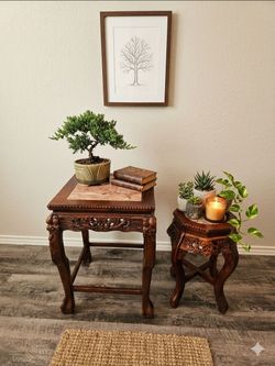 Vintage Carved Wood & Marble Top Side Tables / Plant Stands