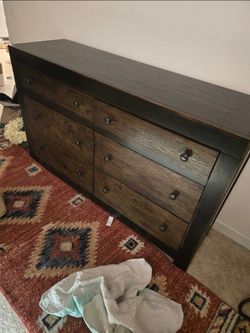 Rustic Dark Wood Double Dresser – 6 Drawers