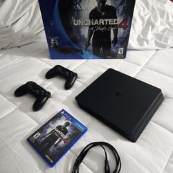 PlayStation 4 Slim bundle (console + two controllers + cables + the game Uncharted 4: A Thief’s End)
