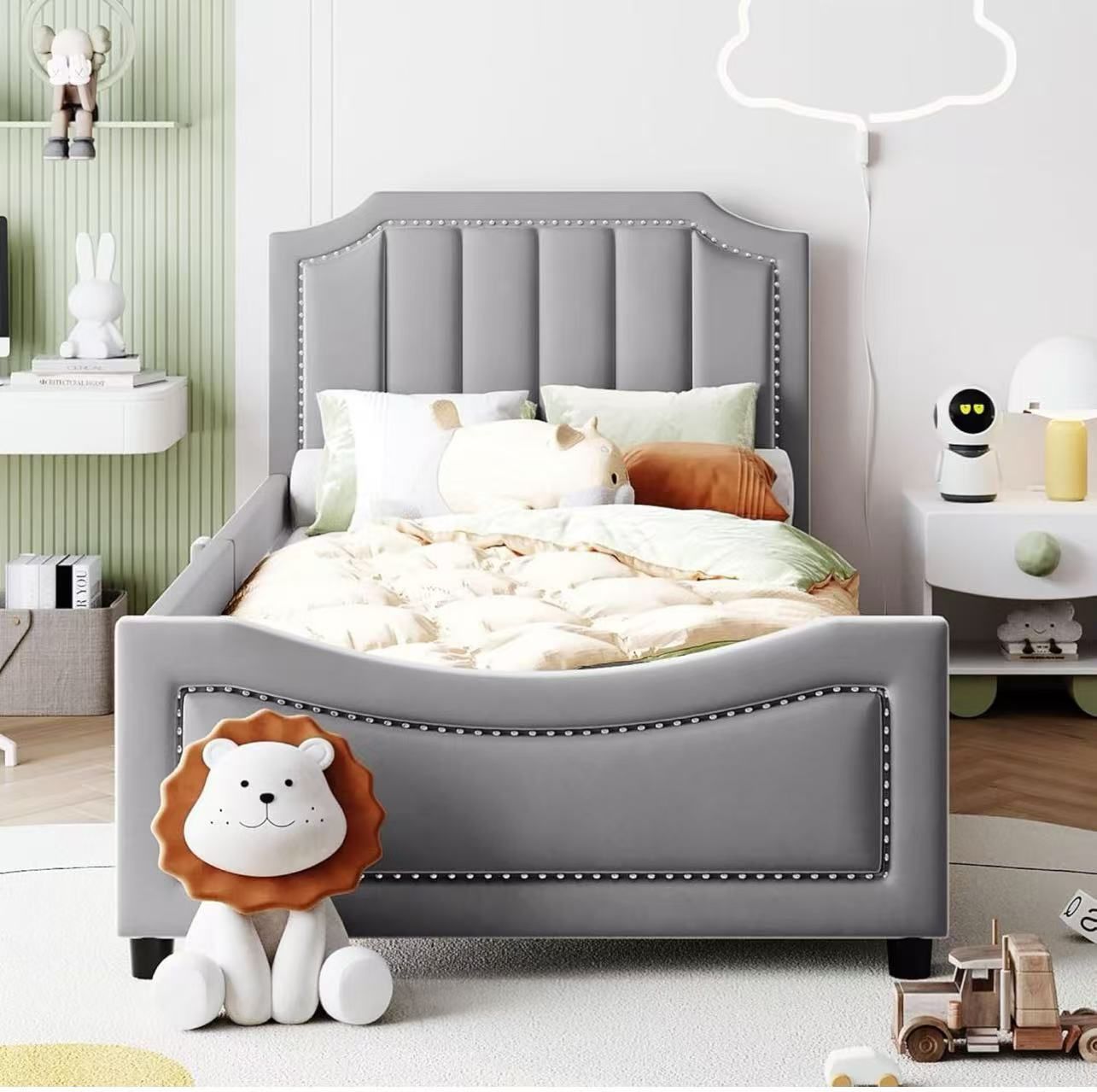 Twin Size Upholstered Bed with Belgrave Headboard, Low Platform Bed Frame with Rails, Kids Velvet Daybed with Slats Support for Girls Boys Teens, Gray