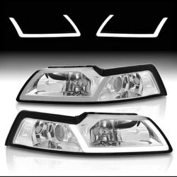 Compatible With 1(contact info removed) Ford Mustang DRL LED Strip Bar Chrome Housing Headlights With Amber Reflec