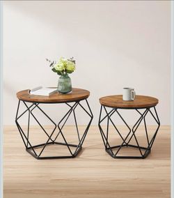 Round Coffee Table, Set of 2, Side Table, Sofa End, Modern Style, Removable Top, Steel Frame, for Living Room, Rustic Brown and Black LCT041K01