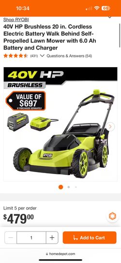 Ryobi 40v ho brushless 20in cordless electric battery walk behind self propelled lawn mower