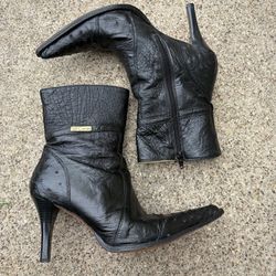 Leather pointed toe heeled ankle boots stiletto western black cowgirl 8.5 / 25.5