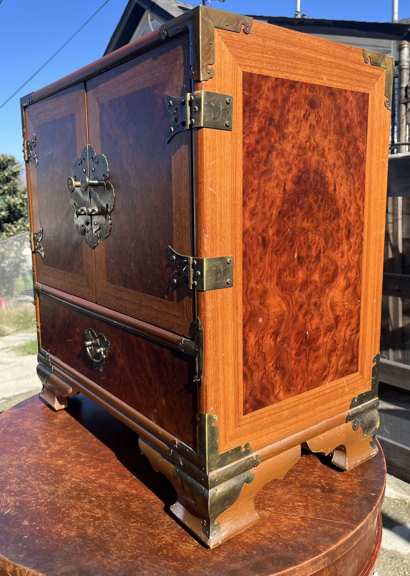 Vintage Teak & Burl Wood Tansu Cabinet Chest Jewelry Box Brass Fittings