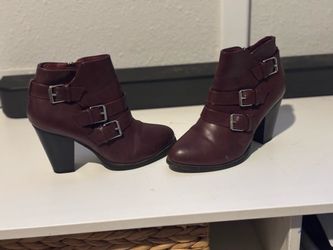 Burgundy Heeled Ankle Boots with Buckles