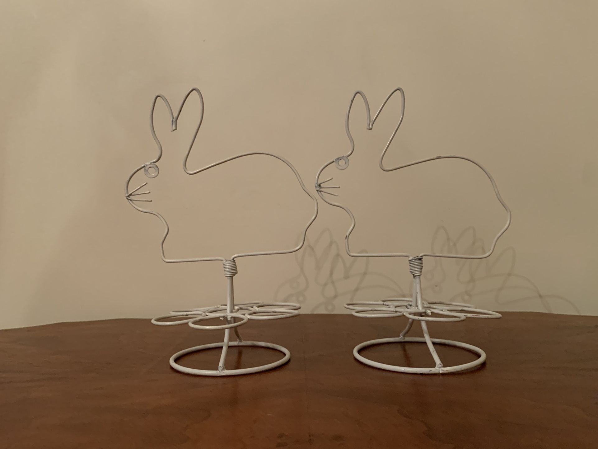 Pair of Metal Easter bunny egg holders - some paint loss 10” tall x 7” long x 5.25” depth