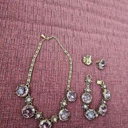 Rhinestone Vtg. Jewelry Necklace, Bracelet, and Chip On Earrings Purple Round,  Brass Gold Tone Lot Of 3 Rare!