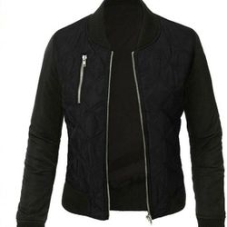 New Size Medium Black Women Thin Zipper Flight Bomber Jackets Casual Patchwork