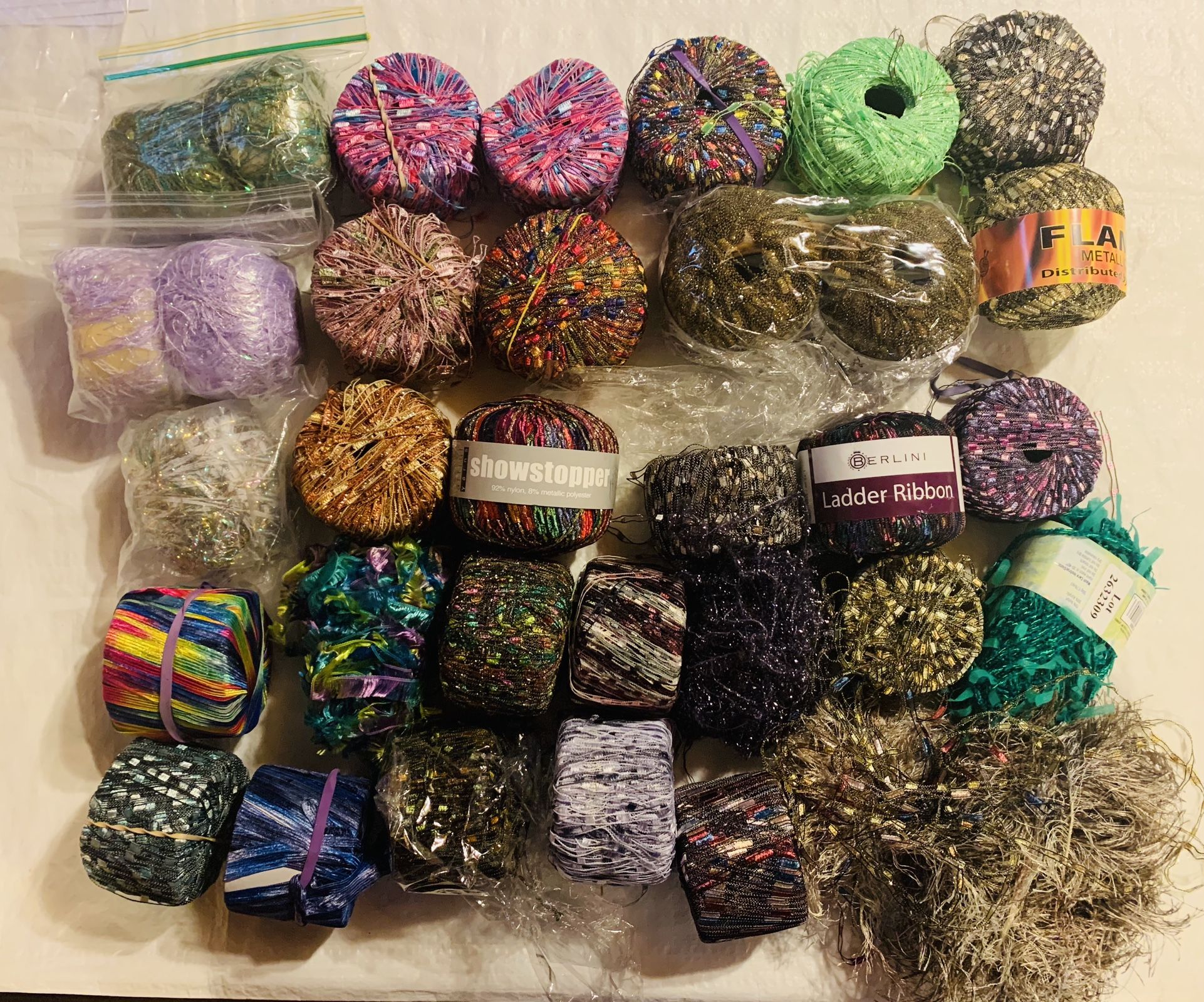 Lot of Novelty YARN - Ladder ribbon, Metallic, etc; FEZA, BERLINI, etc