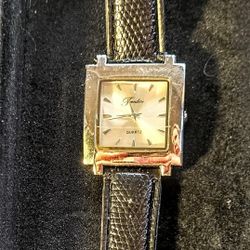 Ladies Fondini Silver Tone Black Faux Leather Watch Casual Luxury 