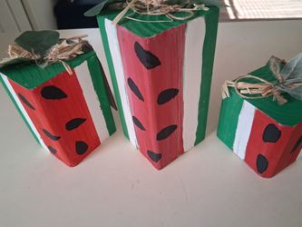 Handmade Watermelon Wood Block Decor Set of 3
