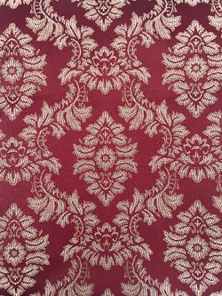 Shower curtain burgundy & gold Vintage Victorian damask design featuring ornate floral acanthus medallions.