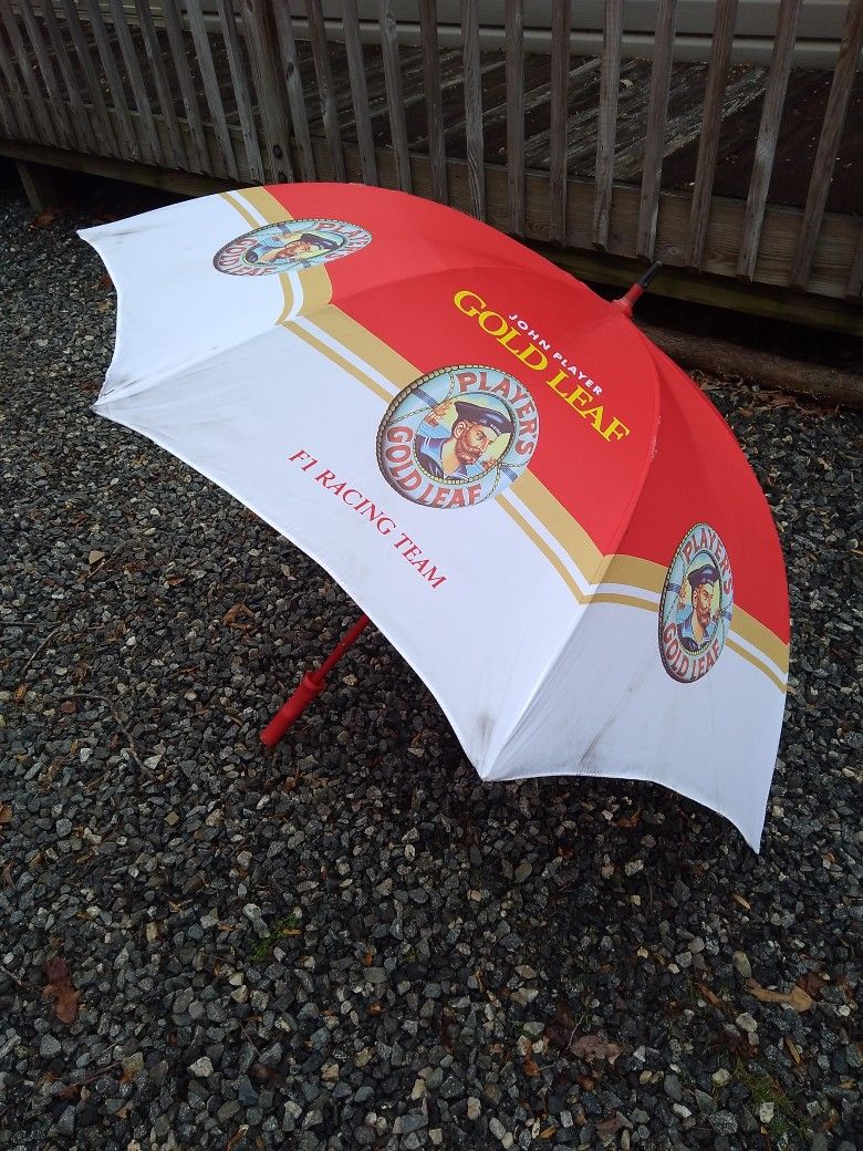 VINTAGE 1977 . FORMULA 1 RACING TEAM. JOHN PLAYER. VERY RARE UMBRELLA. 52 INCHES. LARGE. 20 Wet0.00 OR BEST OFFER
