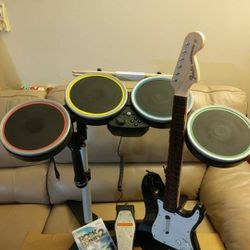 Wii Rockband Set-wireless Drum With Foot Panel & Guitar, Microphone