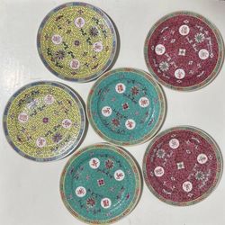 Set Of 6 Vintage Chinese Jingdezhen Wan Shou Wu Jiang Mun Shou Longevity 10 Inches Medallions Dinner Plates