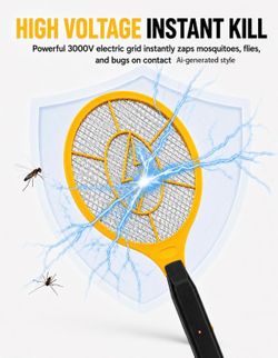 Portable Electric Fly Swatter, 3000V Battery Powered Mosquito Zapper, 2 Pack with Comfortable Grip and Safety Mesh