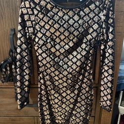 Rose Gold And Black, Long Sleeve Sequence Dress With An Open Back