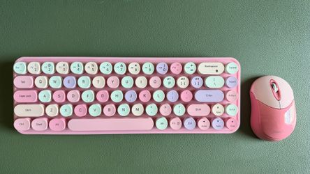 Bluetooth Mini Keyboard and Mouse Combo - Retro Round Key Caps - Pastel Pink