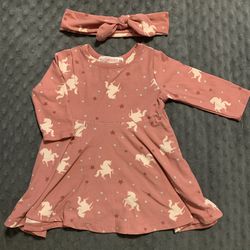 Young Hearts Pink Unicorn Dress With Cloth Headband in 3-6M