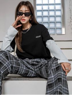 BDBD Women's T-Shirt Letter Embroidery Color Block Drop Shoulder 2 in 1 Tee