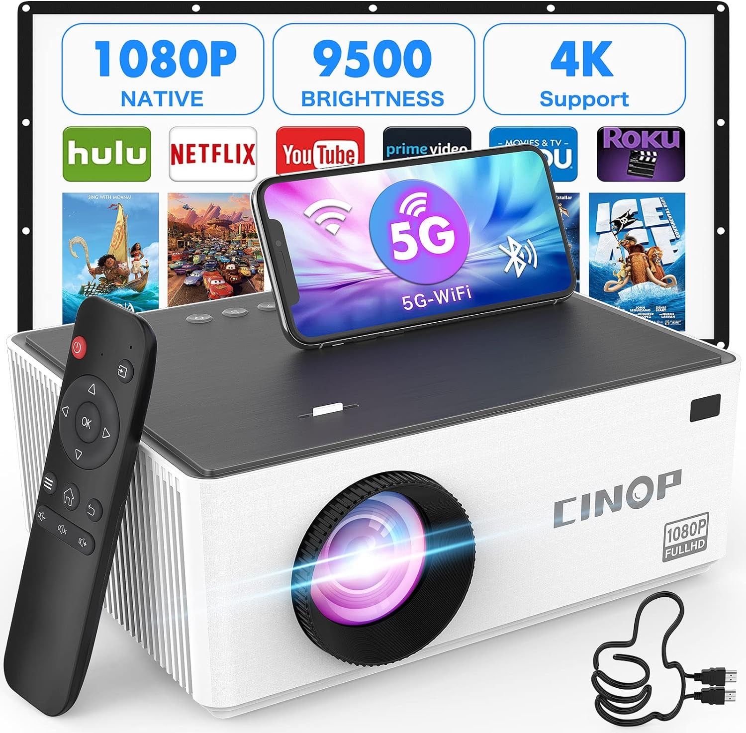 Mini HD Native 1080P Projector with Bluetooth, Supports 4K, Cinop Portable Projector with 9500 Lux and 5G WiFi, Movie Projector Compatible with iOS/An