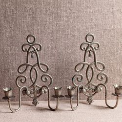 MCM Andrea by Sadek Brass Scroll Tassel & Lotus Flower Candle Sconces, Double Arm Candle Holder Set