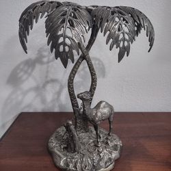 10" Vintage Antique Austrian Bronze or Silver Plate; Date Palm Tree; Bedouin with Camel Sculpture Statue Metal Figure.