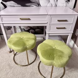 Brand New Purple Desk & 2 FREE Green Velvet Flower Stools 