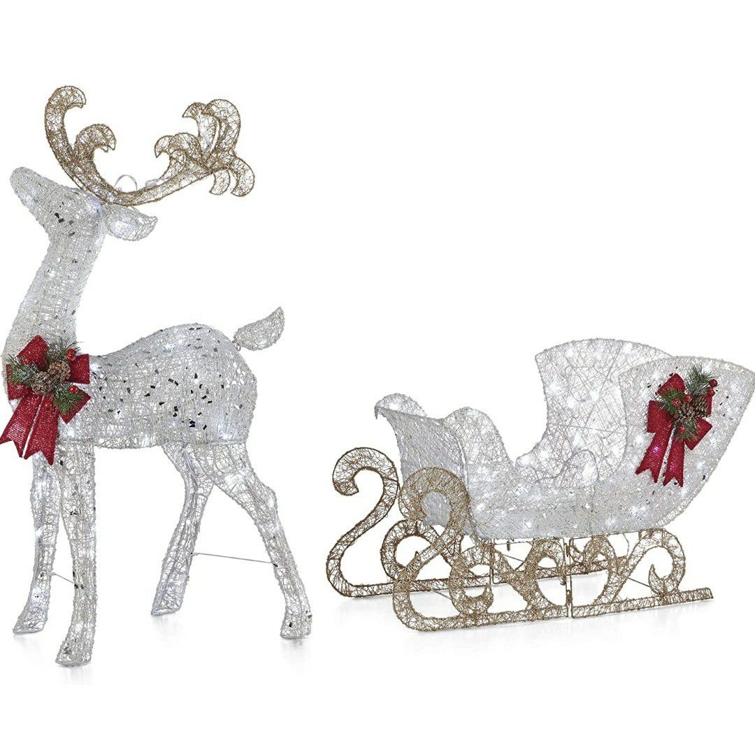 4 Feet Pre-Lit LED Light Up Reindeer and Sleigh Set, Holiday Decoration