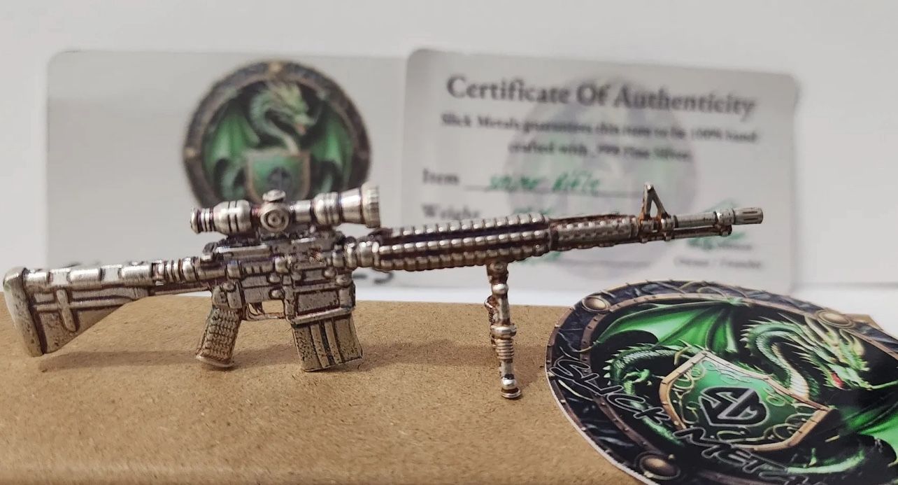 Handmade Sniper Rifle Weapon Design • Hand Poured Pure Silver (.999 Fine) New in Box with Slick Metals Signed COA Authenticity • 18.4 Grams