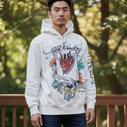 NEW Ed Hardy Tattoo Hoodie Mens Size XL  White Joker  Skeleton Skull