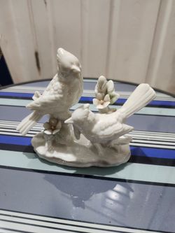 Vintage Enesco Japan White Porcelain Bird Pair Figurine Flowers Original Label