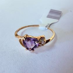 10K Gold, Purple Heart Stone & Diamond Ring