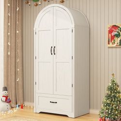 Arched Wardrobe Closet with LED Sensor Light & Hidden Mirror, Farmhouse Bedroom Armoire with Drawer, 71" Freestanding Closet with Hanging Rod