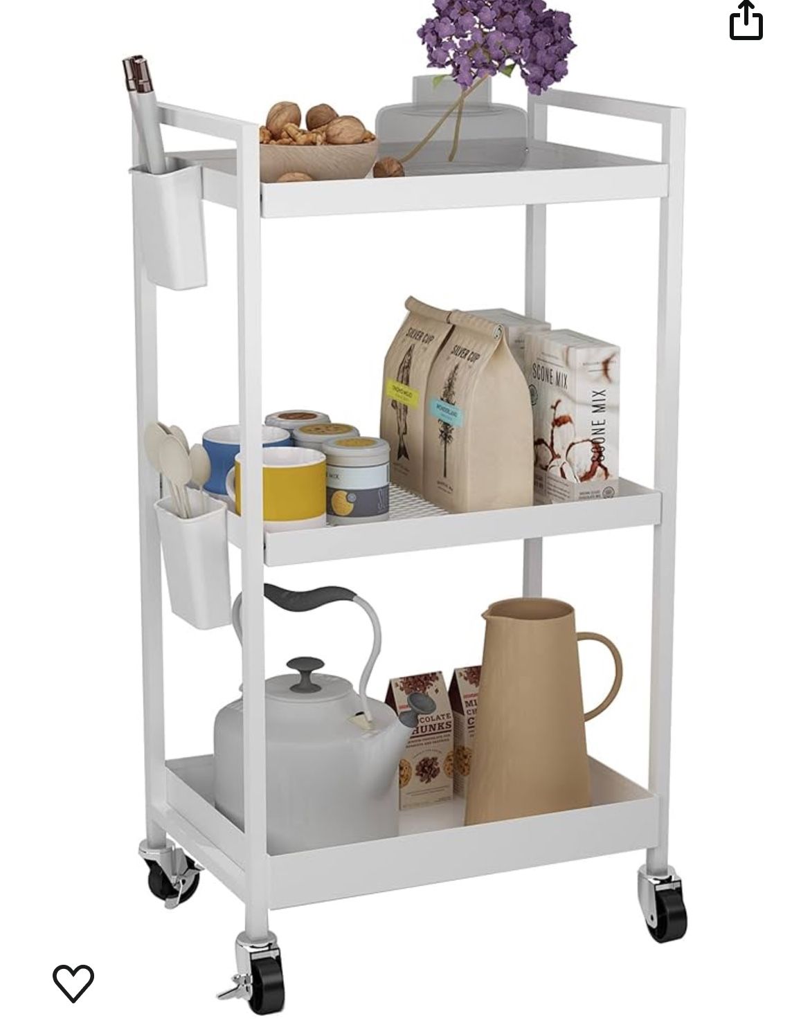 STEEHOOM 3 Tier Utility Rolling Cart, Metal Rolling Storage Cart with Locking Wheels Kitchen Cart with 2 Small Hanging Cups for Bathroom, Office, Balc