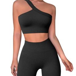 OQQ Workout Outfits For Women 2 Piece Ribbed Exercise One Shoulder Tops High Waist Leggings Active Yoga Set Black Medium