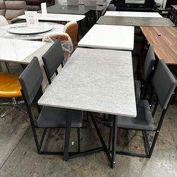 5 Piece Dining Table and Chair Set, Kitchen Dining Room Table Set with Faux Marble Table PU Leather Chairs, Rectangle Dining Table Set for 4