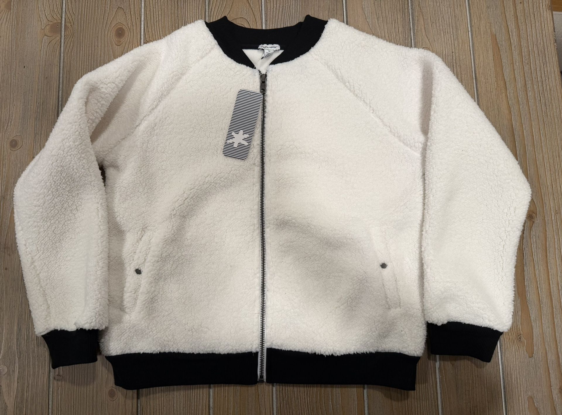 NWT $70 Splendid Girls White Faux Fur Ribbed Trim Bomber Jacket Coat Size 10