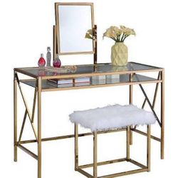 Makeup Vanity Table with Glass Top and Faux Fur Stool