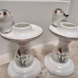 Genuine Bone China Pair Of Delicate Bird Candle Holders Excellent For Spring/Easter Decorations. Candle Holders With Gold Rim.