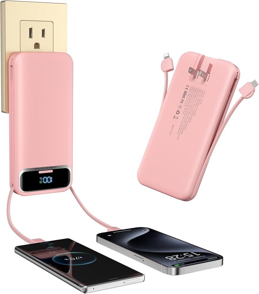 Portable-Charger Power-Bank with Built-in Cables & AC Wall Plug - 12000mAh PD 20W Fast Charging for iPhone,Samsung,Android, USB-C,Rechargeable Externa