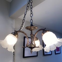 Vintage Victorian French Hanging Lamp 3 Light Ruffle White Frosted Shades